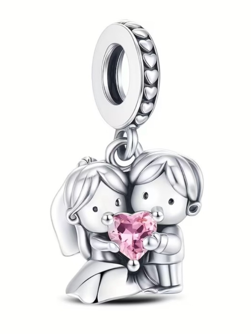 925 Sterling Silver Bride & Groom Heart Dangle Charm Wedding -NEW